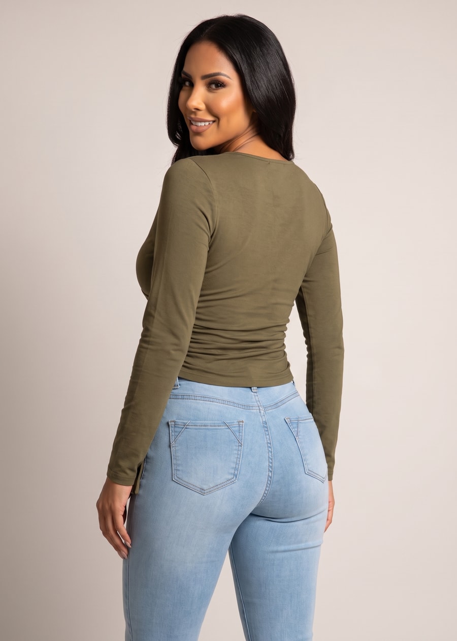 Long Sleeve Vneck Surplice Stretch Top Olive w Side Ruching, view 2 of 2