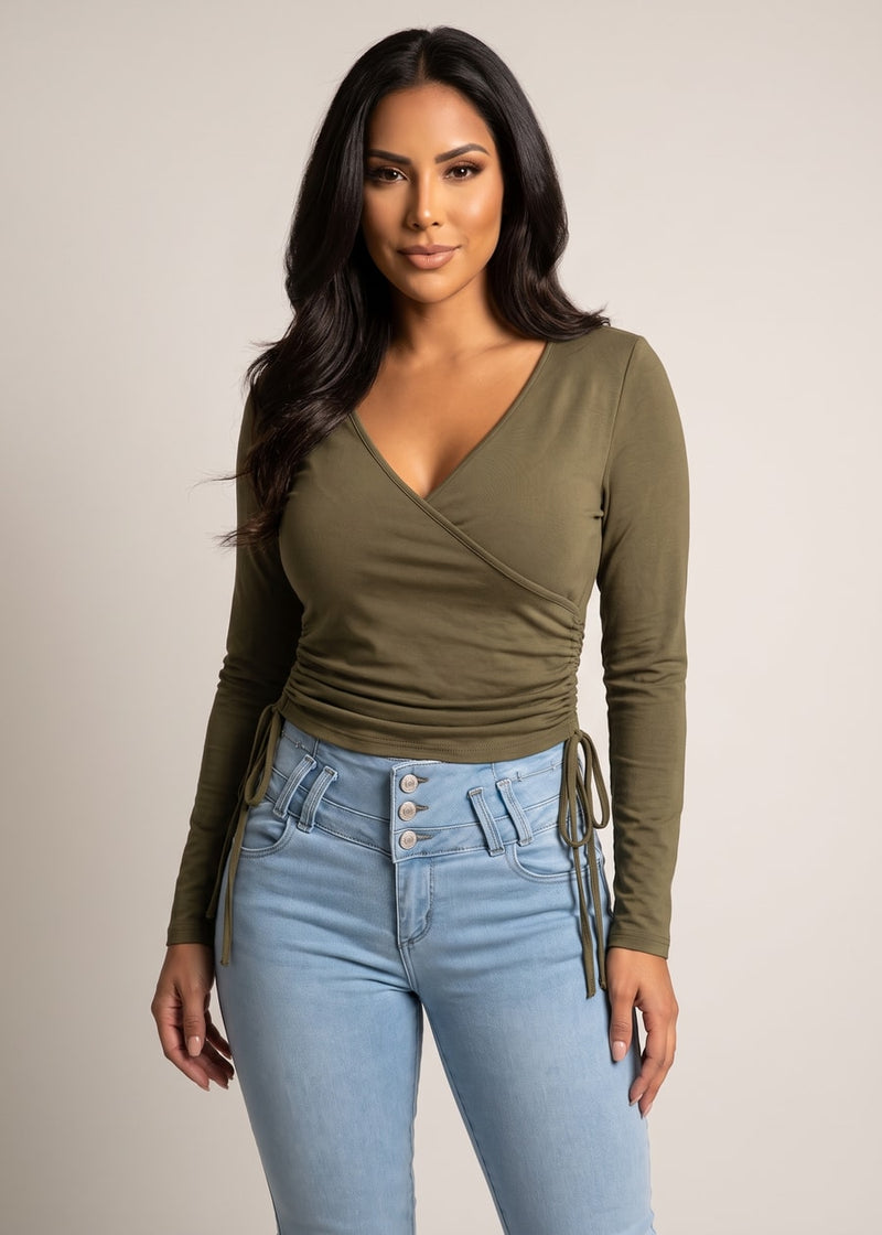Long Sleeve Vneck Surplice Stretch Top Olive w Side Ruching