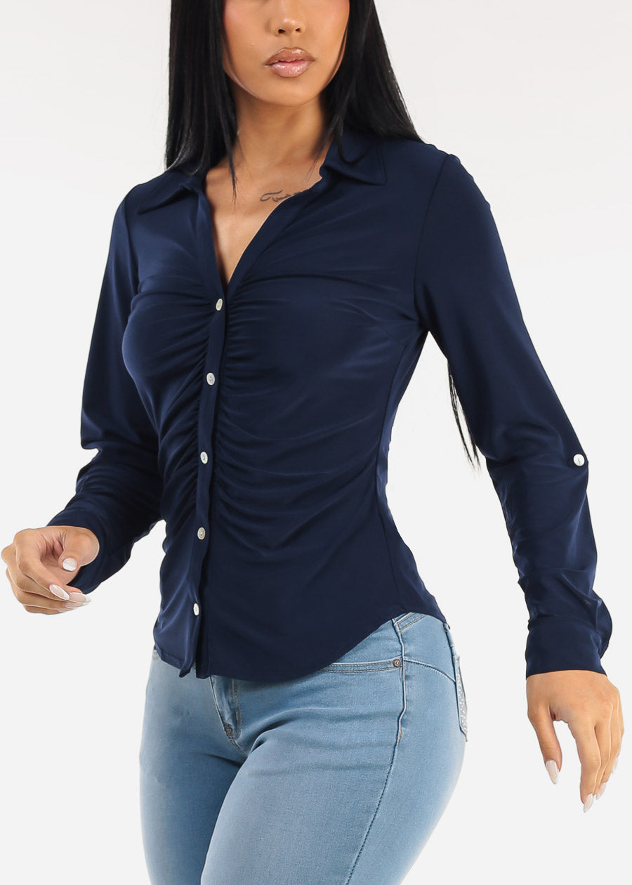 Stretch Long Sleeve Ruched Button Up Collared Blouse Navy
