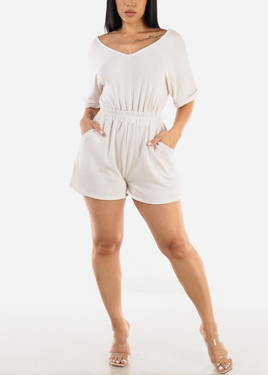 Vneck Casual Romper Beige w Pockets