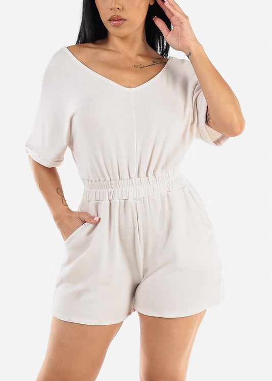 Vneck Casual Romper Beige w Pockets