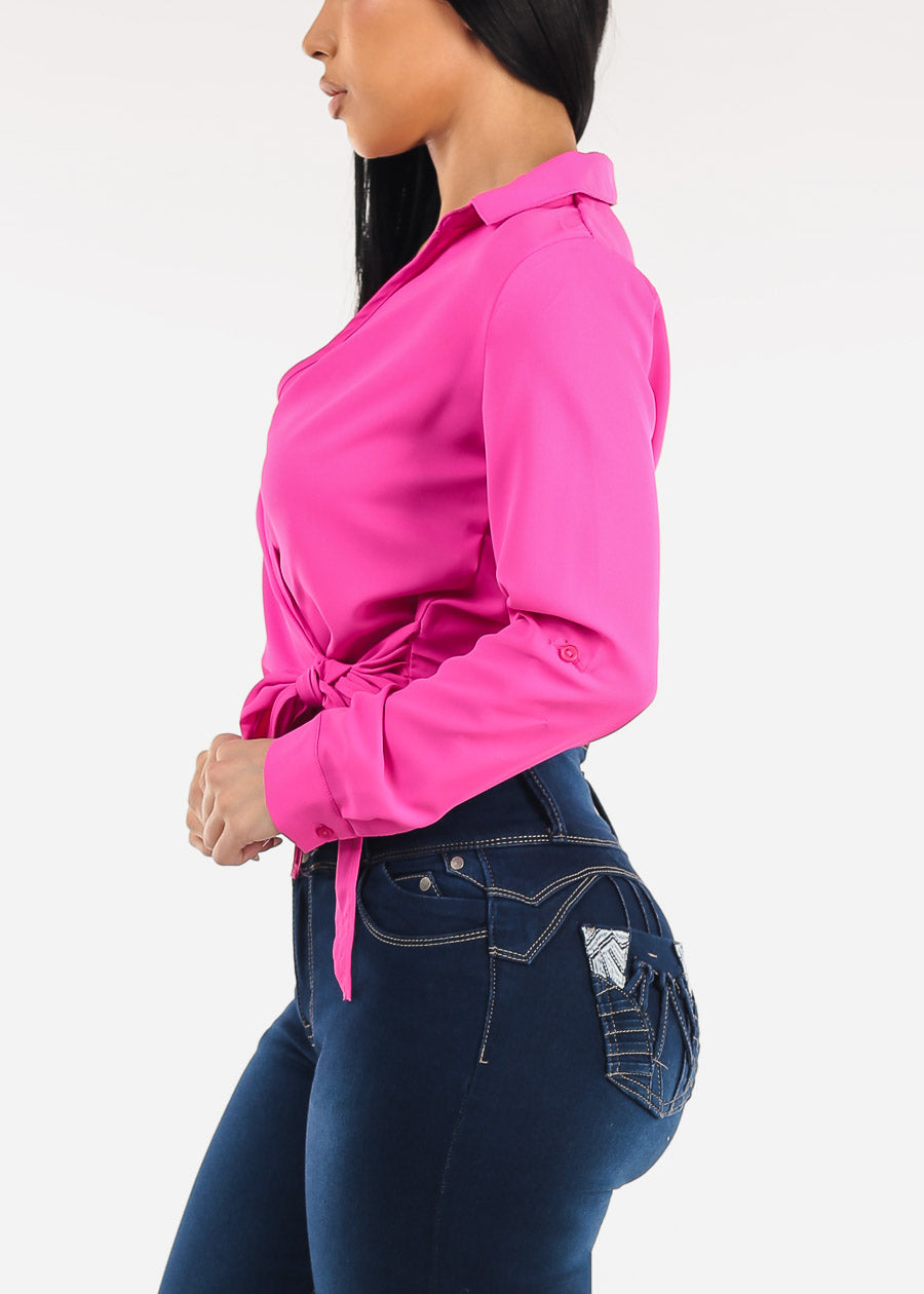 Long Sleeve Surplice Blouse Hot Pink w Tie Front
