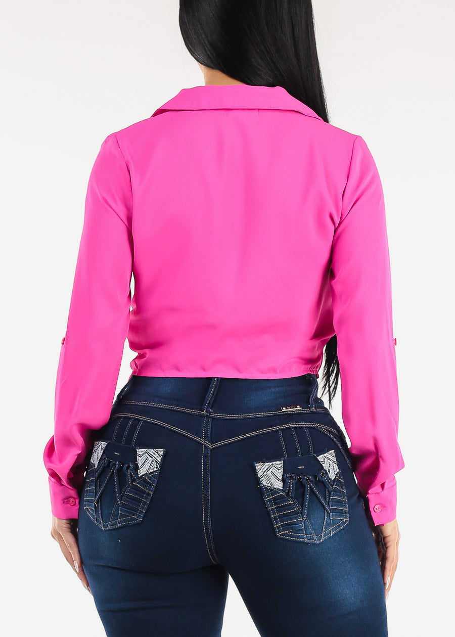 Long Sleeve Surplice Blouse Hot Pink w Tie Front