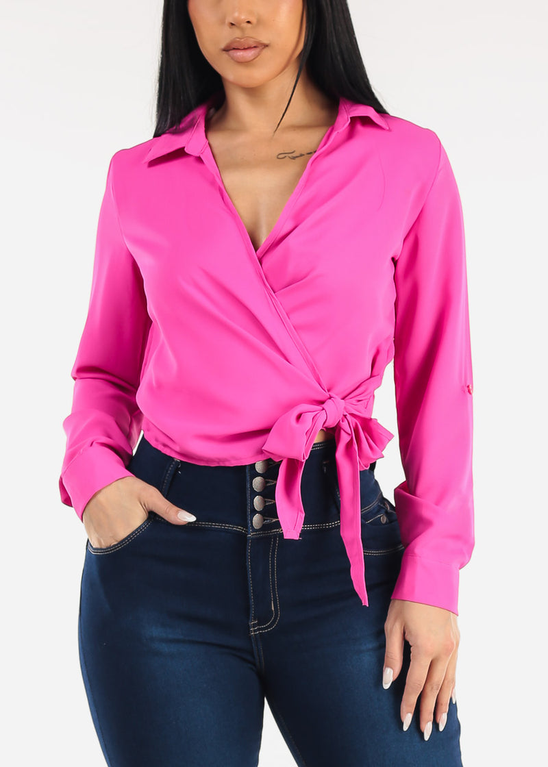 Long Sleeve Surplice Blouse Hot Pink w Tie Front