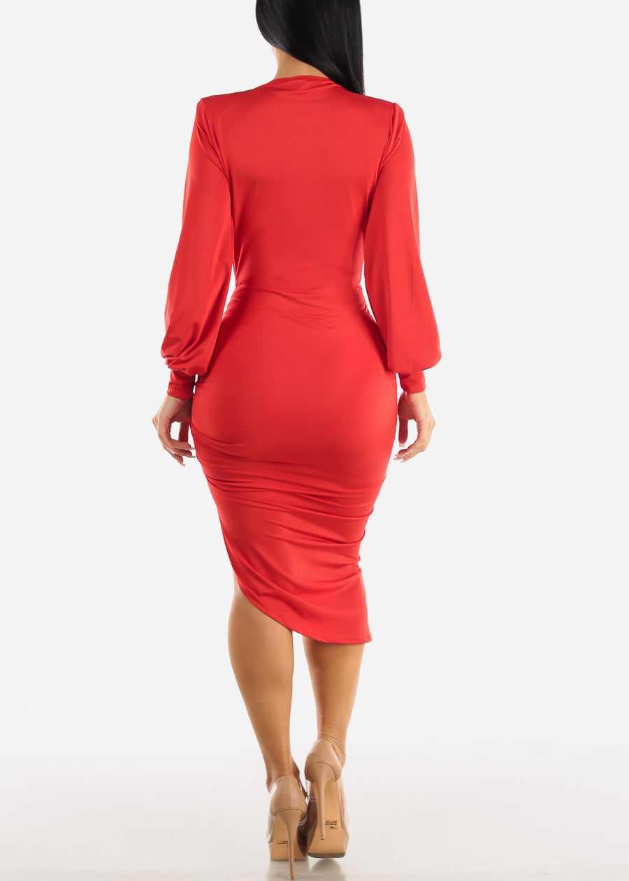 Red Long Sleeve Overlap Front Slit Dress