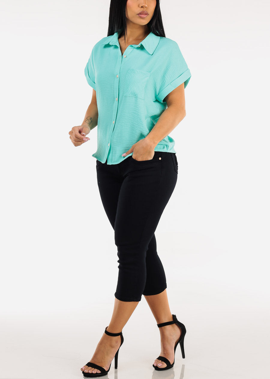 Short Sleeve Button Down Lightweight Blouse Mint
