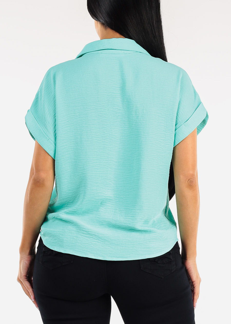 Short Sleeve Button Down Lightweight Blouse Mint