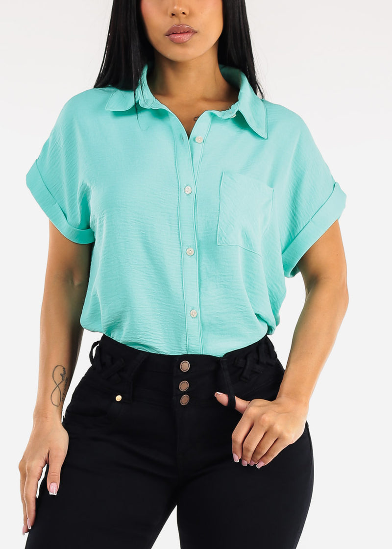 Short Sleeve Button Down Lightweight Blouse Mint