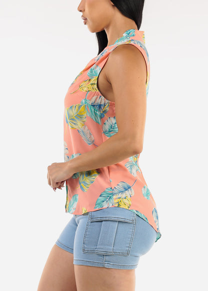 Sleeveless Chiffon Floral Blouse Coral