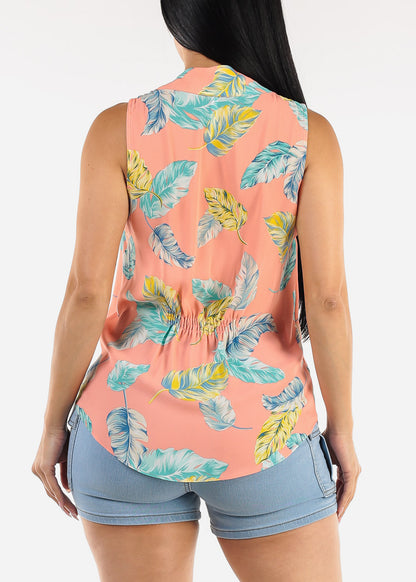 Sleeveless Chiffon Floral Blouse Coral