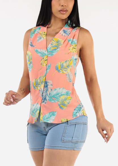 Sleeveless Chiffon Floral Blouse Coral