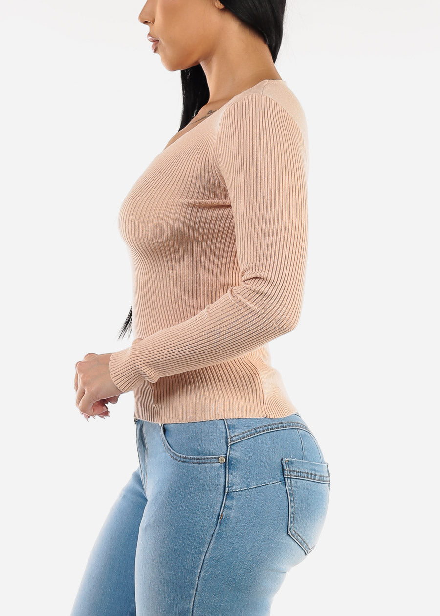 Long Sleeve Vneck Ribbed Sweater Top Light Pink