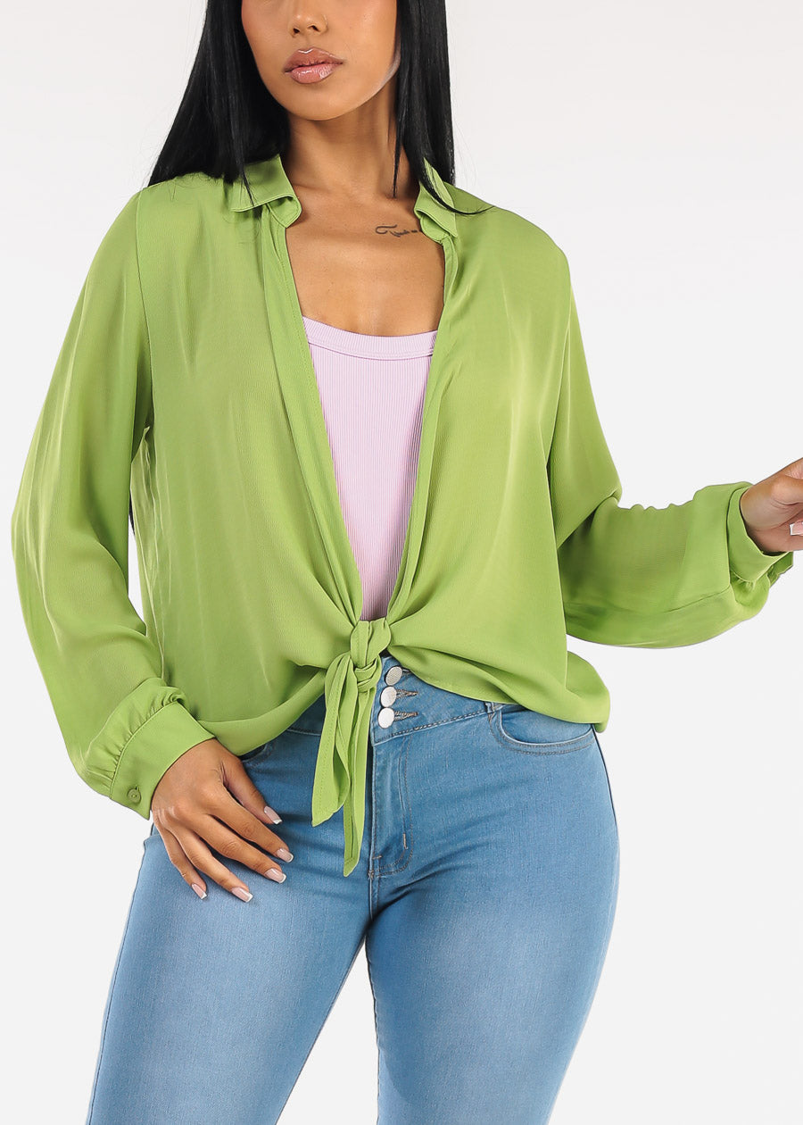 Long Sleeve Tie Front Lightweight Cardigan Light Green