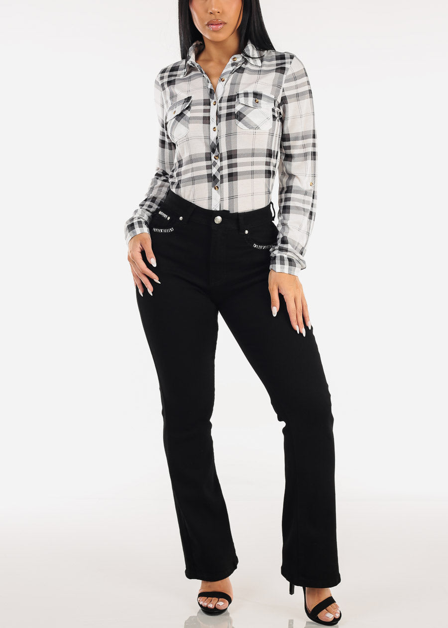 Stretch Long Sleeve Plaid Button Up Collared Blouse Ivory & Black