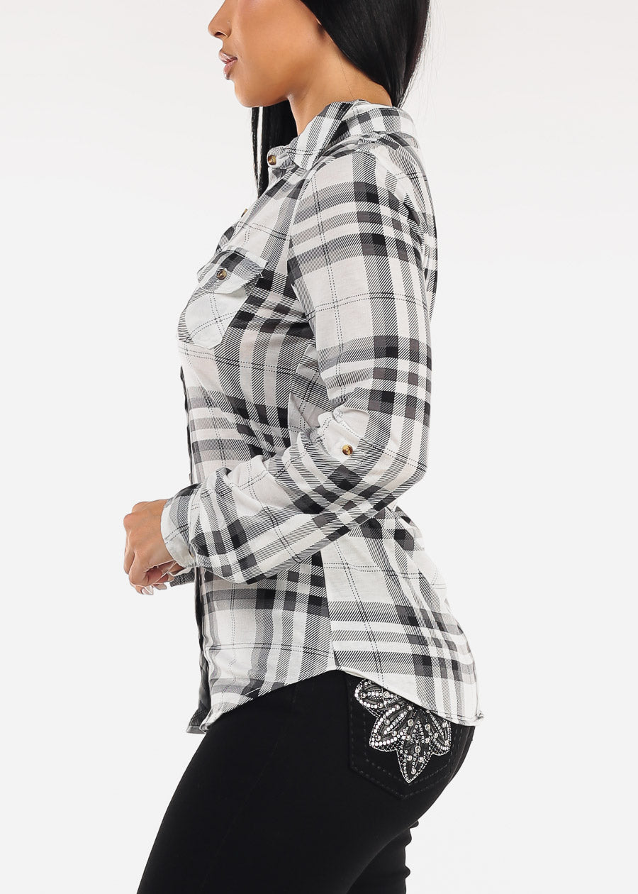 Stretch Long Sleeve Plaid Button Up Collared Blouse Ivory & Black