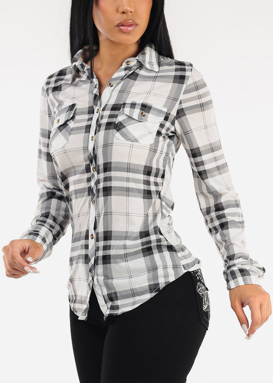 Stretch Long Sleeve Plaid Button Up Collared Blouse Ivory & Black