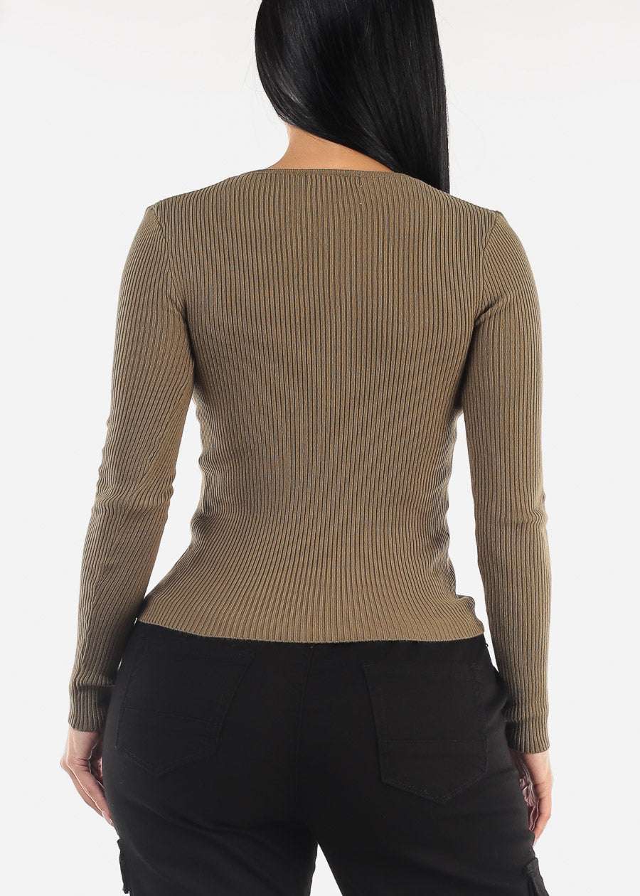 Long Sleeve Vneck Ribbed Sweater Top Olive