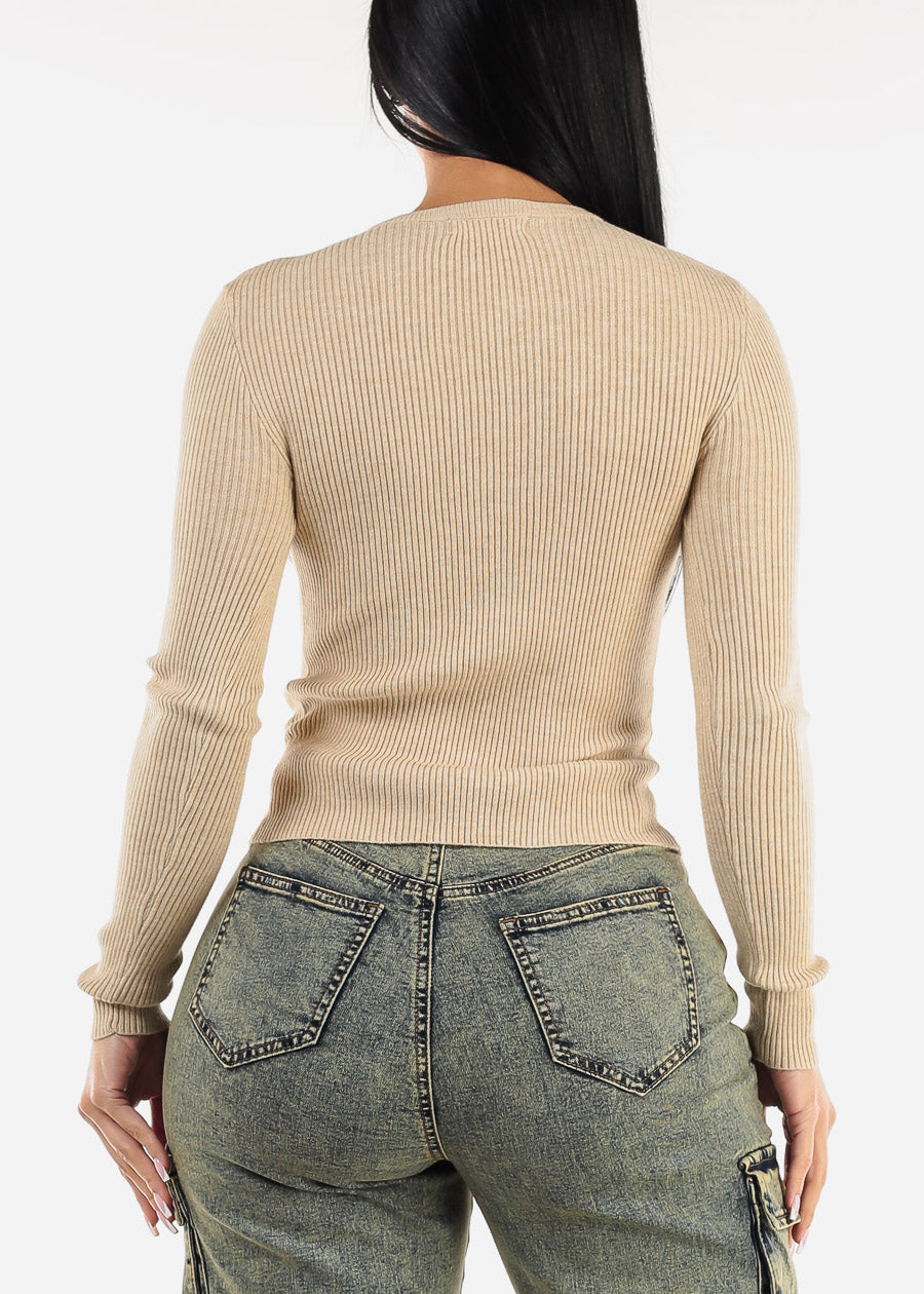 Long Sleeve Crewneck Ribbed Sweater Beige