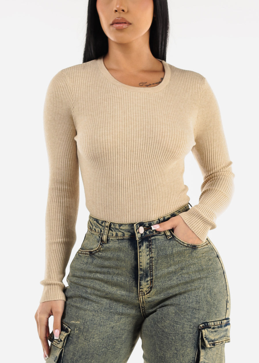 Long Sleeve Crewneck Ribbed Sweater Beige