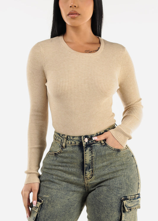 Long Sleeve Crewneck Ribbed Sweater Beige