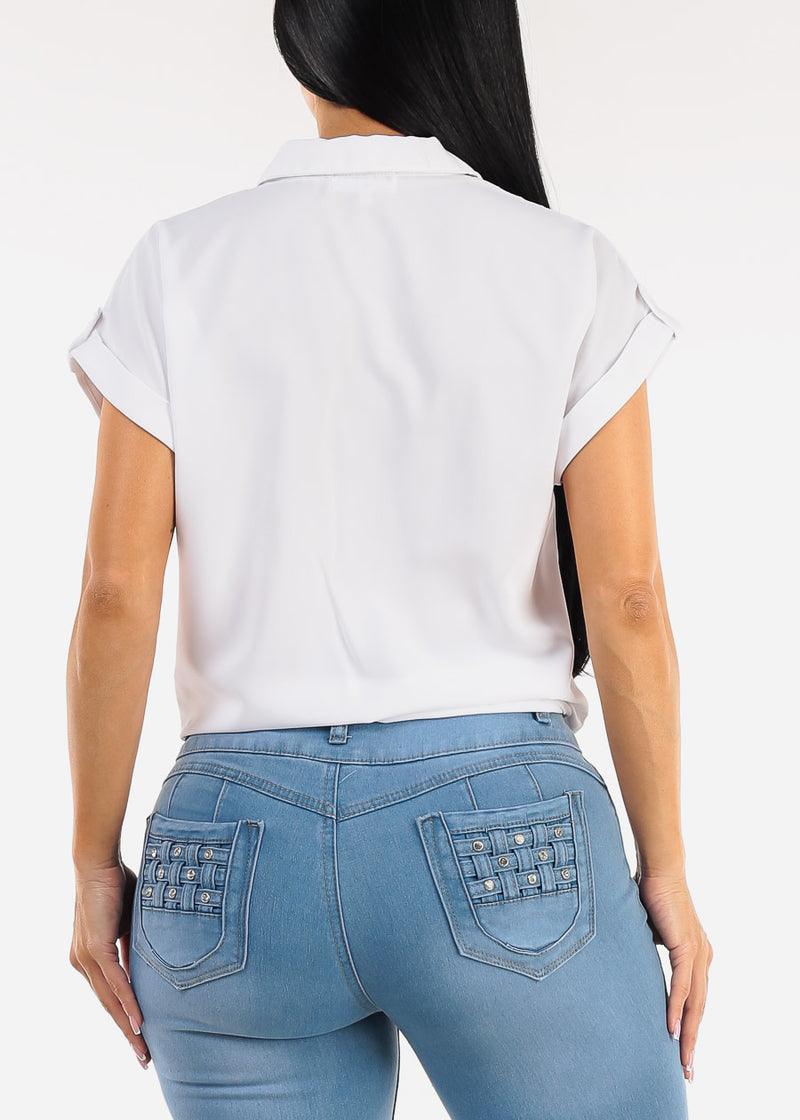 Short Sleeve Button Down Tie Front Blouse White