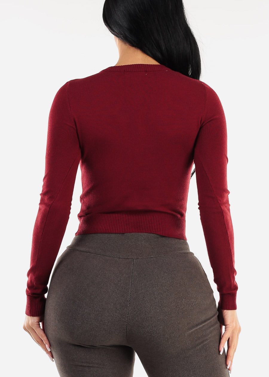 Long Sleeve Vneck Sweater Top Burgundy