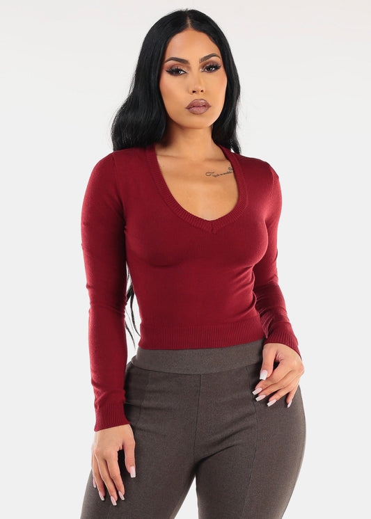 Long Sleeve Vneck Sweater Top Burgundy