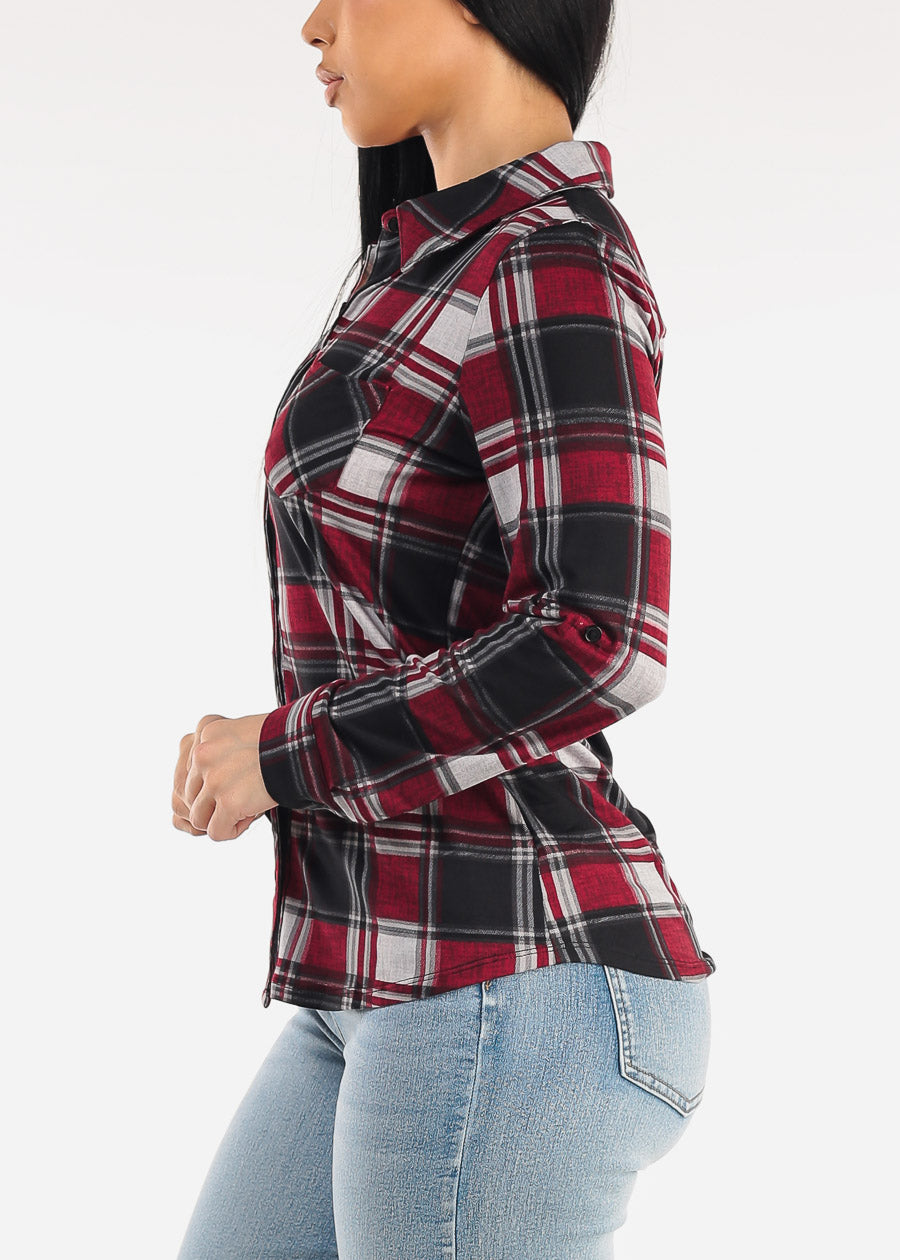 Stretch Long Sleeve Plaid Button Up Collared Blouse Wine & Black