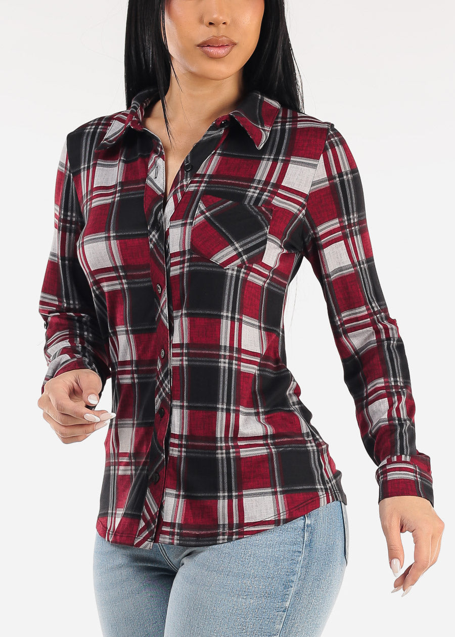 Stretch Long Sleeve Plaid Button Up Collared Blouse Wine & Black