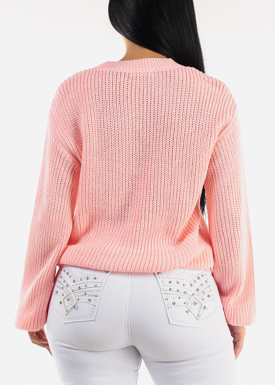 Long Sleeve Crewneck Knitted Sweater Pink "Heart"