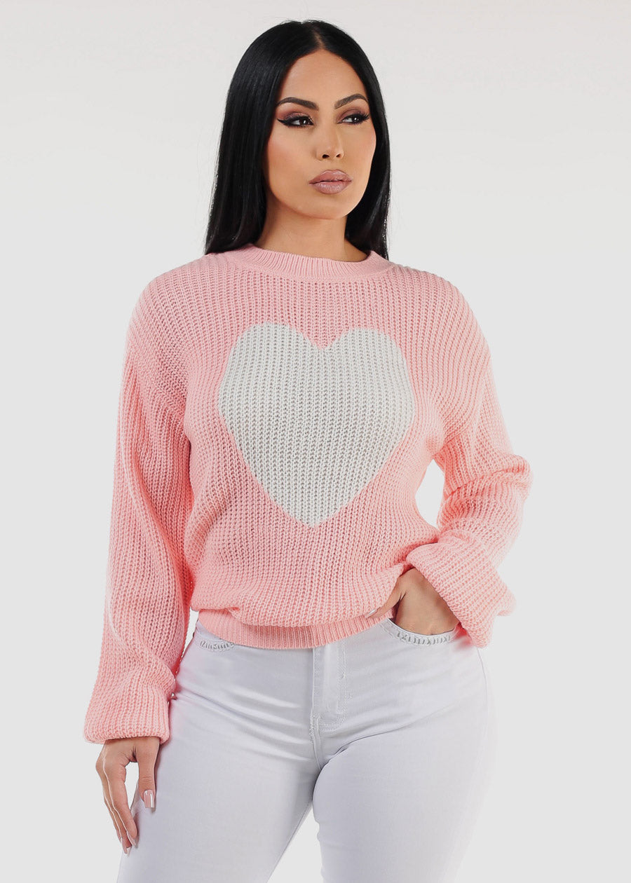 Long Sleeve Crewneck Knitted Sweater Pink 