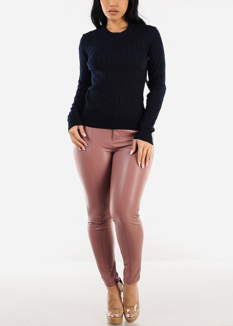 Long Sleeve Crewneck Cable Knit Sweater Navy