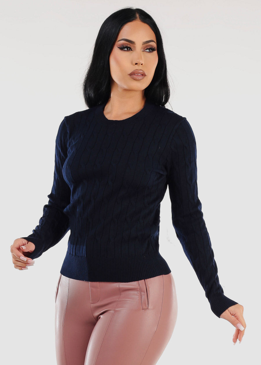 Long Sleeve Crewneck Cable Knit Sweater Navy