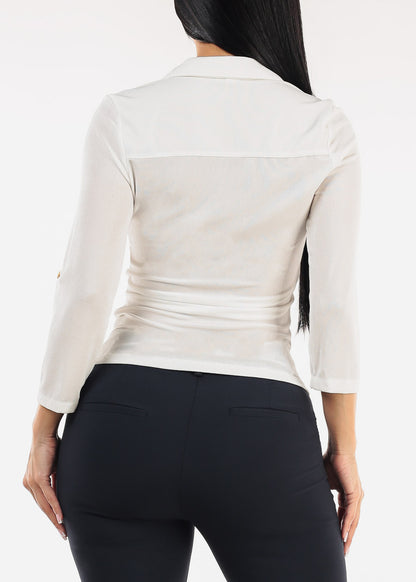 Quarter Sleeve Stretch Surplice Blouse Ivory