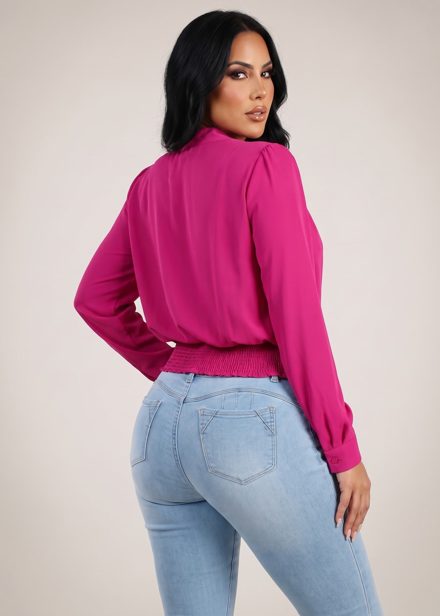 Surplice Long Sleeve Smocked Waist Blouse Fuchsia, view 2 of 2
