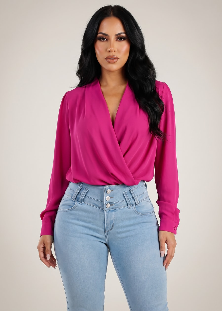 Surplice Long Sleeve Smocked Waist Blouse Fuchsia, view 1 of 2
