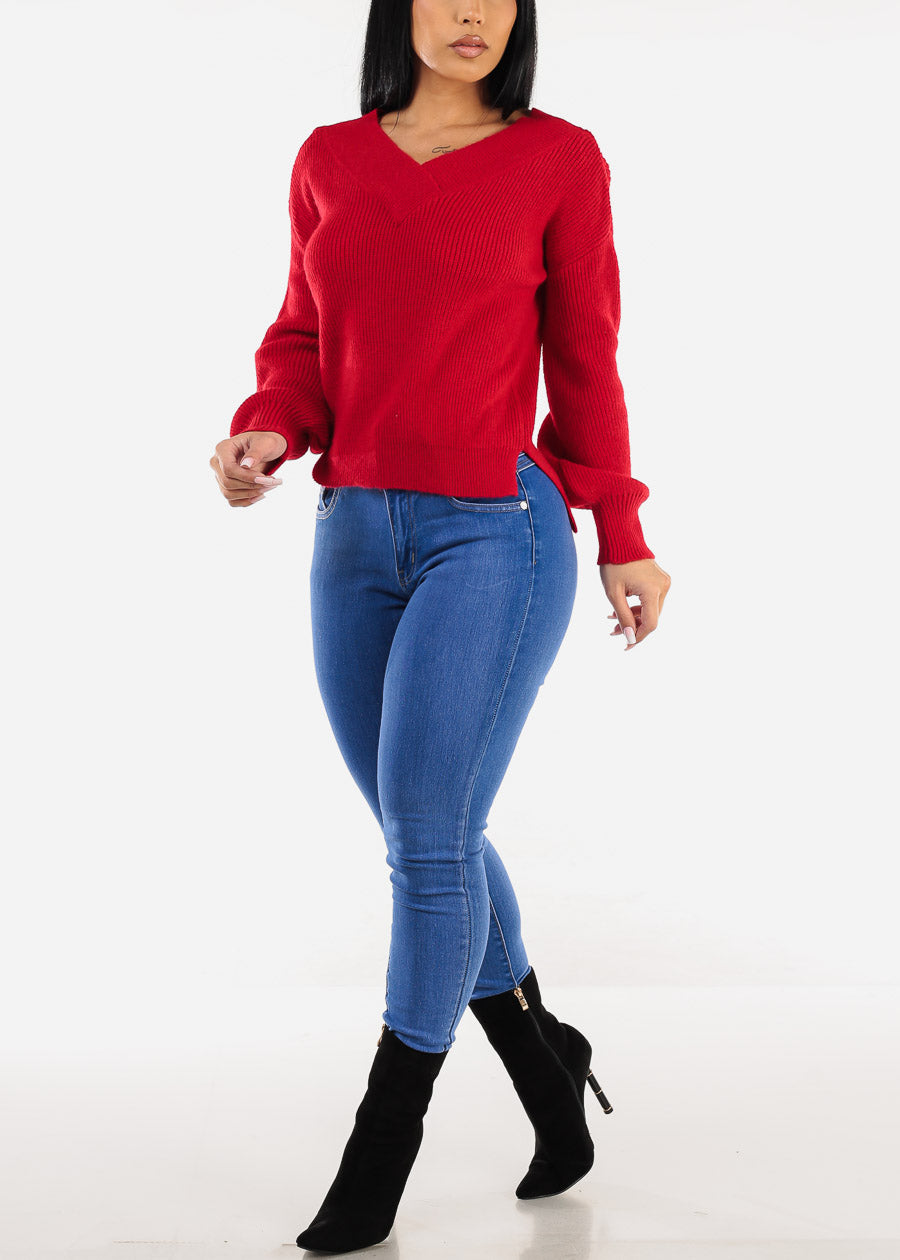 V-Neck Long Sleeve Knitted Sweater Red