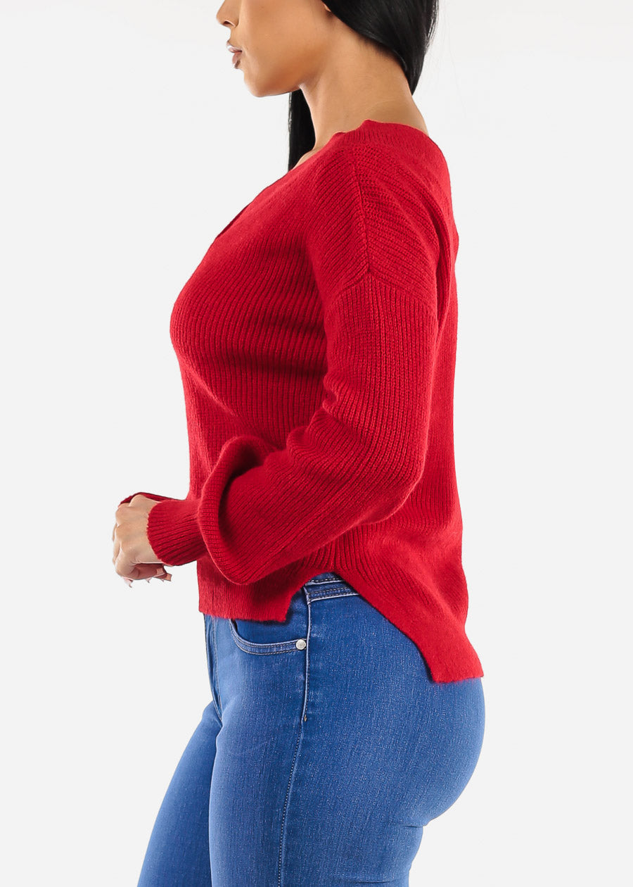 V-Neck Long Sleeve Knitted Sweater Red