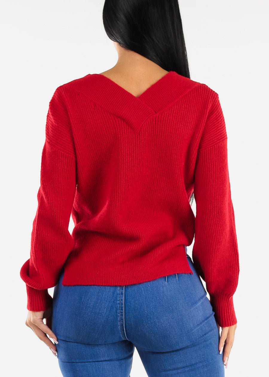 V-Neck Long Sleeve Knitted Sweater Red