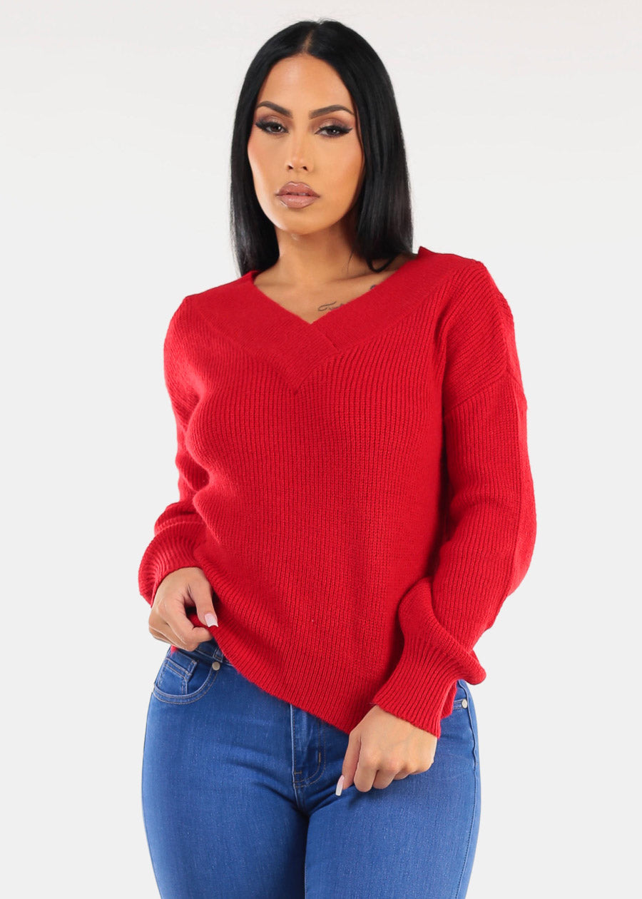 V-Neck Long Sleeve Knitted Sweater Red