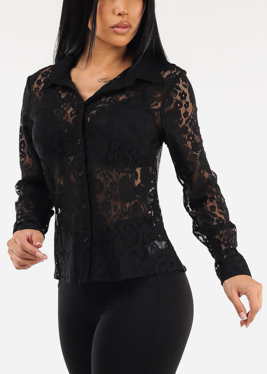 Long Sleeve Button Up Lace Collared Blouse Black