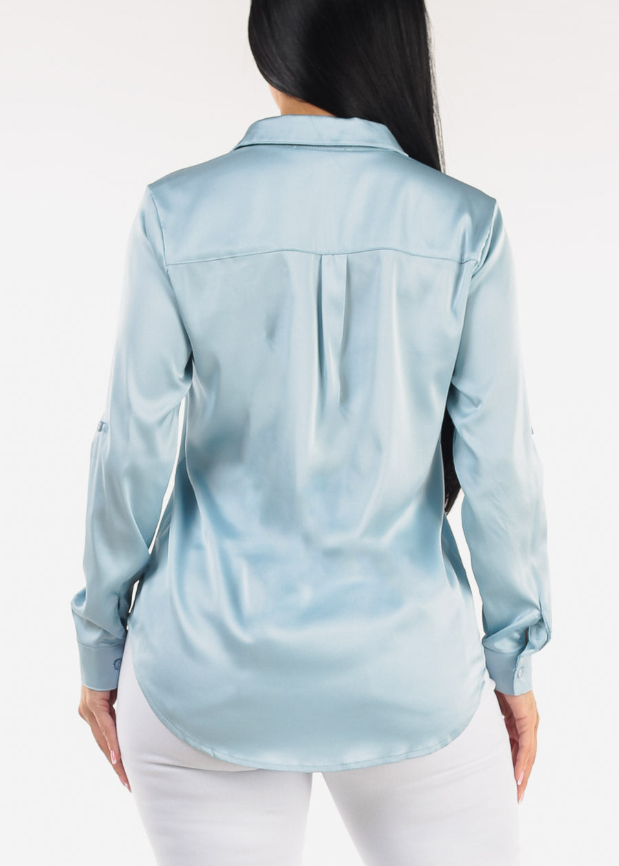 Long Sleeve Button Down Stretch Satin Blouse Light Blue