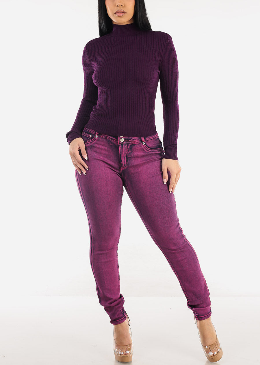 Long Sleeve Mock Neck Ribbed Sweater Purple