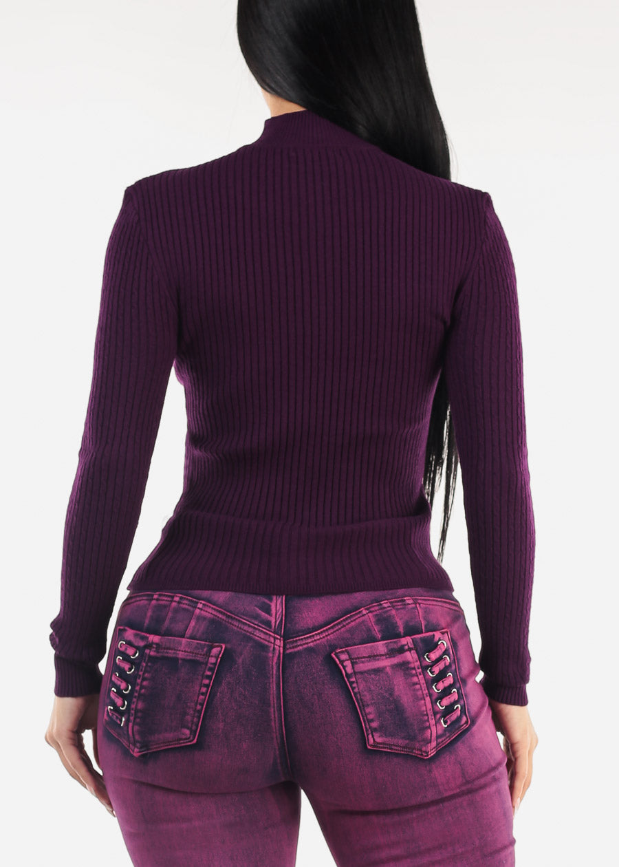 Long Sleeve Mock Neck Ribbed Sweater Purple