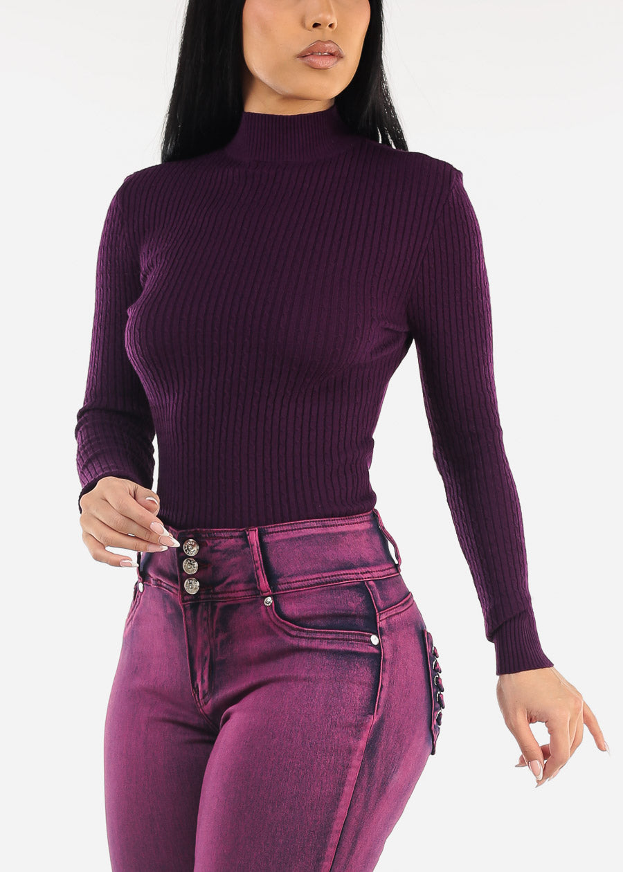 Long Sleeve Mock Neck Ribbed Sweater Purple