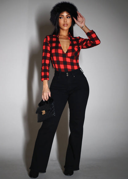 Stretchy Quarter Sleeve Surplice Plaid Bodysuit Red