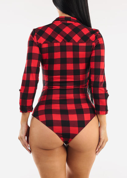 Stretchy Quarter Sleeve Surplice Plaid Bodysuit Red