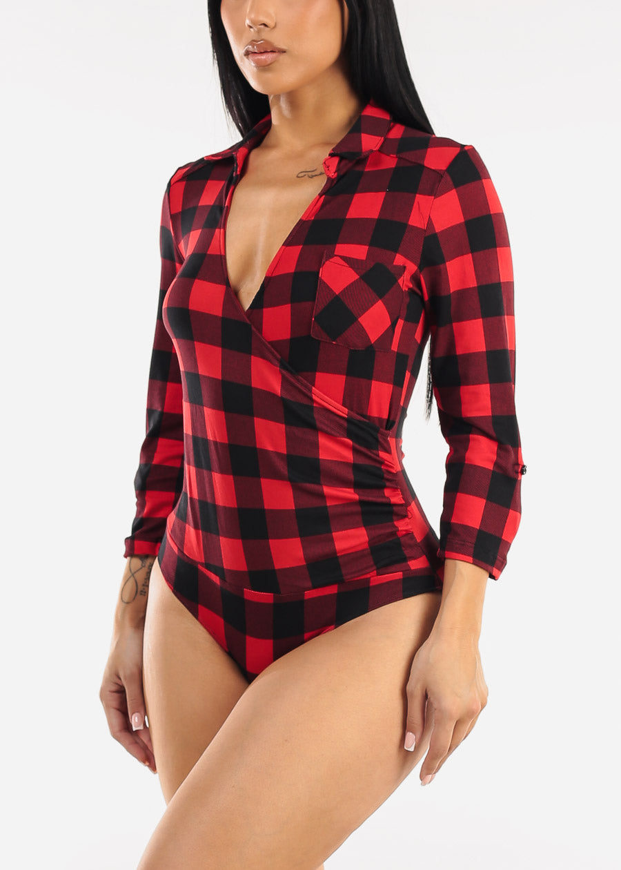 Stretchy Quarter Sleeve Surplice Plaid Bodysuit Red