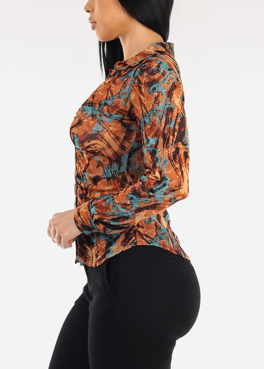 Stretch Ruched Long Sleeve Printed Mesh Blouse Rust