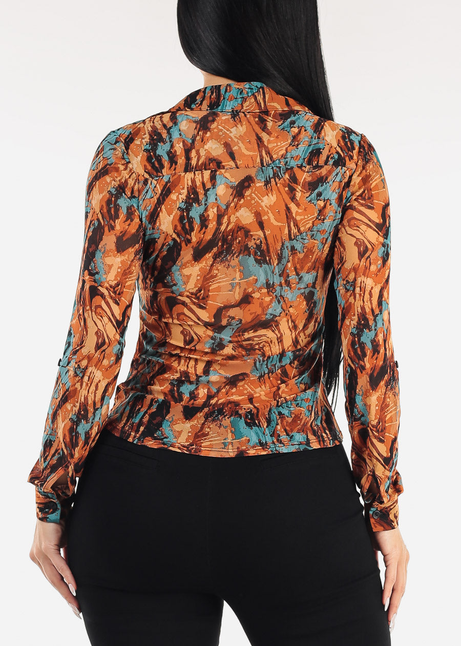Stretch Ruched Long Sleeve Printed Mesh Blouse Rust